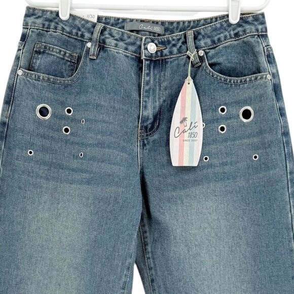 Cali 1850 Women's Wide-Leg Raw Hem Grommet Blue Denim Jeans Size 7/28 NWT - Picture 3 of 11